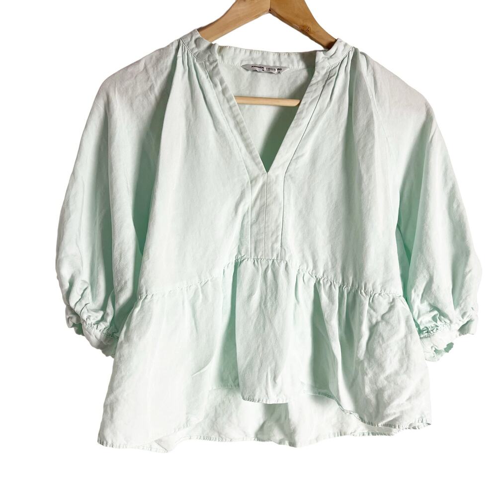 Amanda Uprichard Diego Light Blue Linen Puff Sleeve Split Neck Top Size XS - Picture 6 of 13